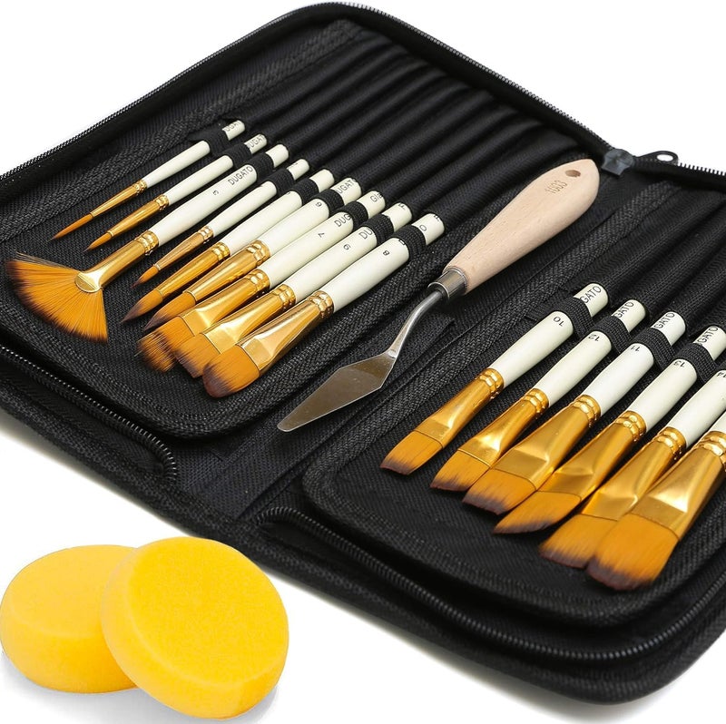 DUGATO 15pc Artist Paint Brush Set with Pop-Up Case, Palette Knife & Sponges - Nylon Hair for Acrylic, Oil, Watercolor, Gouache, Model & Craft Painting - Image 1